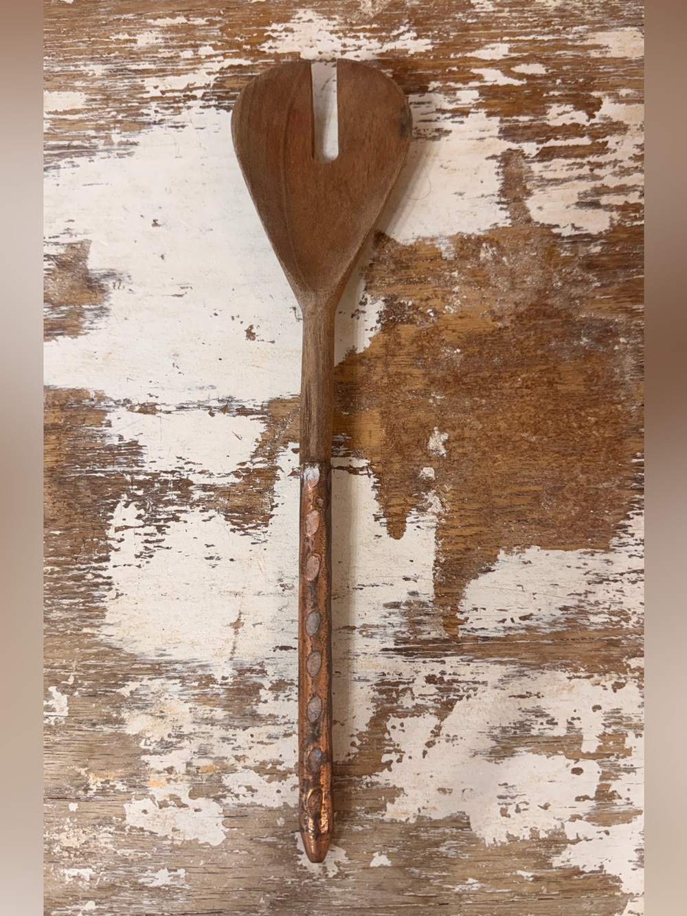 Wood Salad Server with Decorative Copper Accents - Brown